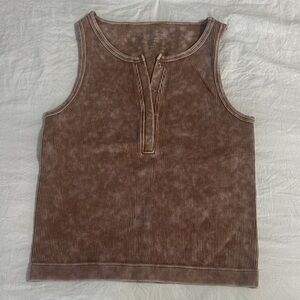 Zenana Outfitters Chill Intentions Moch- Brown washed Ribbed Henley  Tank